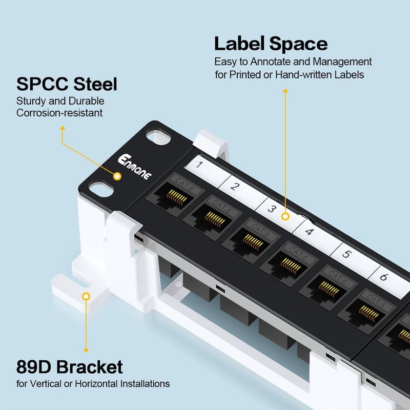 Enmane 12 Port Patch Panel CAT6 Keystone Patch Panel (EC Listed) Wall Mount 10 Inch Bracket Included for Cat6, Cat5e, Cat5 Cabling (1U CAT6) - Image 2